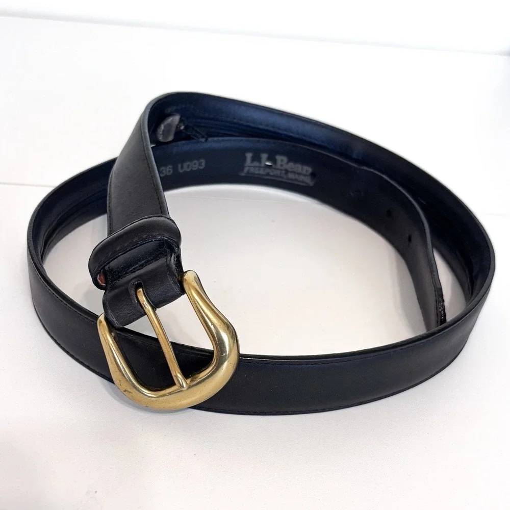 Vintage LL Bean Mens Hidden Money Belt 36 Black Brass Buckle Leather Travel